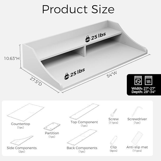 OAKHAM HOME 2-Tier Washer Dryer Countertop, 54" x 27.6" Washer Dryer Topper with Storage Shelf and Non-Slip Pads for Laundry Room Organization, White