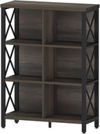 FATORRI 6 Cube Storage Organizer Shelf, Rustic Wood and Metal Cubby Bookcase, Industrial 4 Tier Cube Bookshelf (Walnut Brown)