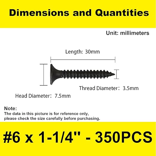 350 pcs Black Wood Screws, Phillips Flat Head Screws, Screws for Kitchen Cabinets, Self-Tapping Countersunk Head Screw for Various Woodworking Repairs and DIY Projects #6 x 1-1/4''(30 mm)