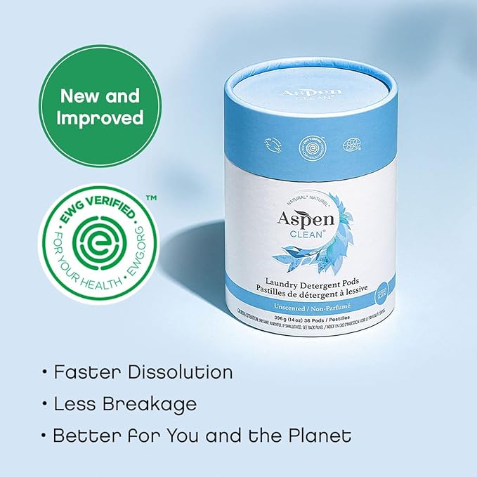 Unscented Laundry Pods by AspenClean, New and Improved Packaging, Zero Plastic, EWG Verified™, Vegan, Non-Bio, Hypoallergenic Natural Laundry Detergent - 36 Count