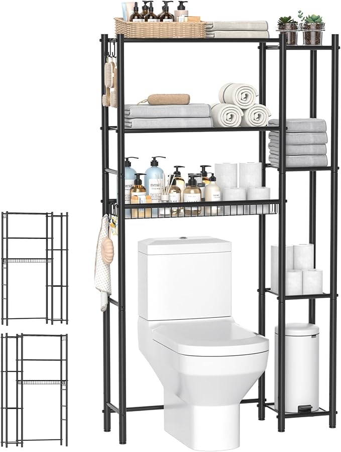 Over the Toilet Storage Shelf - Bathroom Organizer Rack with 7-Tier Shelves, Adjustable Metal Shelf Above Toilet for Towel, Decor, and Bath Essentials, Freestanding Bathroom Space Saver, Black