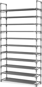 LANTEFUL 11 Tiers Tall Shoe Rack Holds 55 Pairs of Shoes with 18pcs Hooks Sturdy Wide Shoe Organizer Storage Free Standing Metal Shoe Shelf for Closet, Entryway Grey