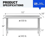 Hally Stainless Steel Table for Prep & Work 18 x 72 Inches, NSF Commercial Heavy Duty Table with Undershelf and Backsplash for Restaurant, Home and Hotel