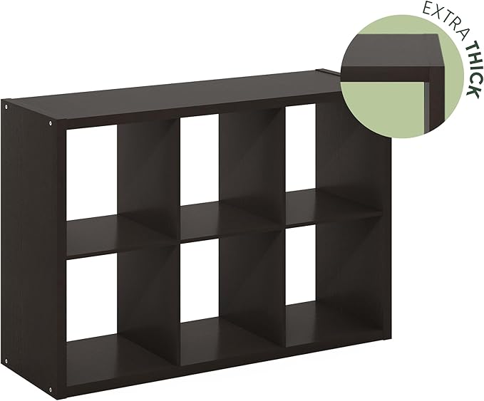 Furinno Cubicle Open Back Decorative Cube Storage Organizer, 6-Cube, Black Dark Oak