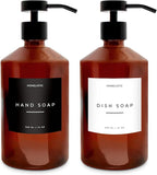 Luxury Glass Soap Dispenser Set of 2 - Elegant Amber Bottles with Matte Black Pumps, Ideal for Kitchen and Bathrooms, Perfect Glass Pump for Modern Homes.