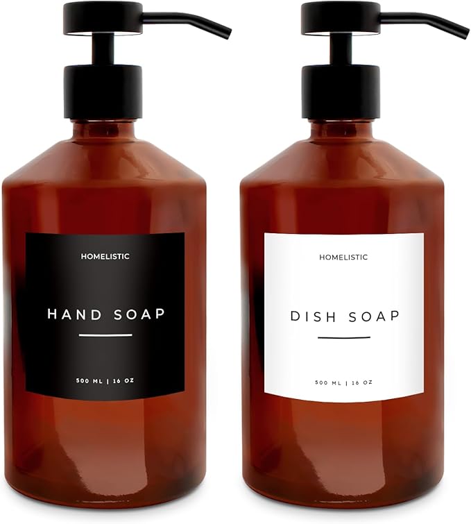 Luxury Glass Soap Dispenser Set of 2 - Elegant Amber Bottles with Matte Black Pumps, Ideal for Kitchen and Bathrooms, Perfect Glass Pump for Modern Homes.