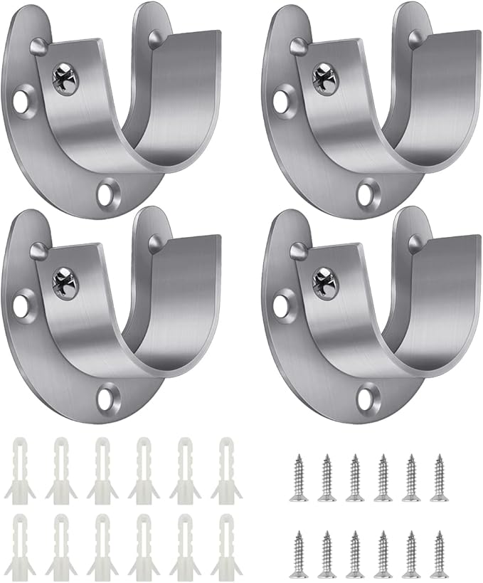 4 Packs Stainless Steel Wardrobe Bracket U-Shaped Rod Socket Flange 1-1/4" Diameter Heavy Duty Closet Rod Brackets End Supports for Closet Rod with Screws (Silver)