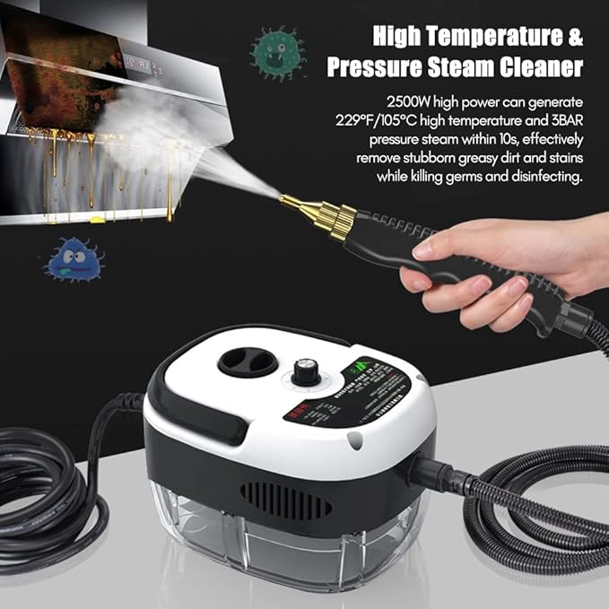 Irishom 2500W Portable Handheld Steam Cleaner High Temperature Pressurized Steam Cleaning Machine with Brush Heads and Gloves for Kitchen Furniture Bathroom Car