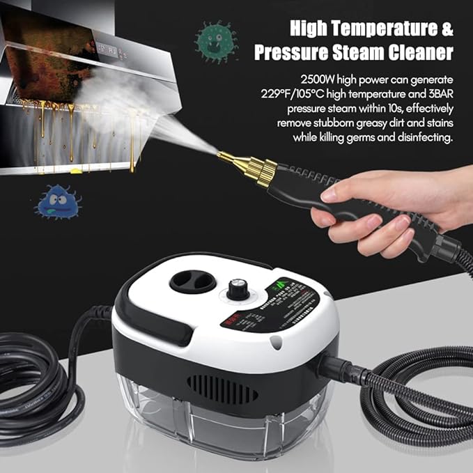 Irishom 2500W Portable Handheld Steam Cleaner High Temperature Pressurized Steam Cleaning Machine with Brush Heads and Gloves for Kitchen Furniture Bathroom Car