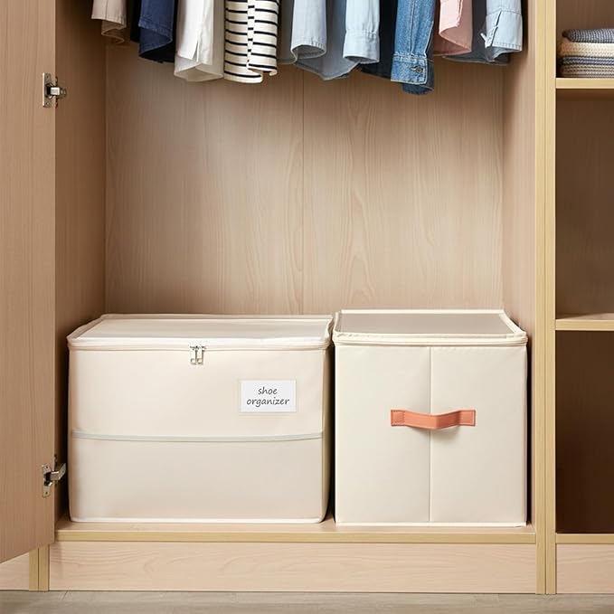 Shoe Organizer for Closet, Foldable Shoe Storage Organizer Containers with Clear Cover, Space Saving Shoes Holder with Handles, Beige (2, L)