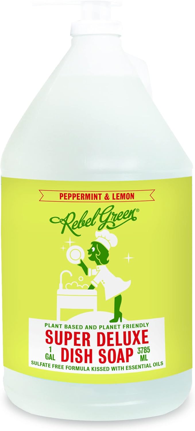 Rebel Green Super Deluxe Dish Soap - Natural Kitchen Dish Detergent - Gentle Dish Liquid Scented with Peppermint & Lemon - (1 Gallon Refill Bottle)