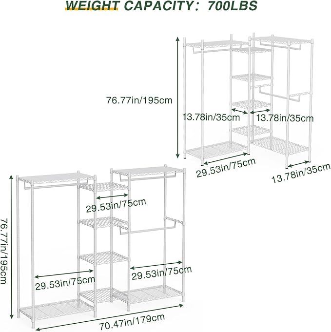 LEHOM G6M Heavy Duty Clothes Rack for Hanging Clothes, Portable Garment Rack Compact Size Closet Organizer, Freestanding Metal Clothing Rack Wardrobe Closet with Storage Shelves for Bedroom, White
