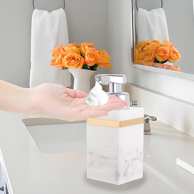 Automatic Soap Dispenser, Touchless Smart Foam Soap Dispenser, USB Rechargeable, 7.6oz / 225ml, Dish Soap Dispenser for Bathroom, Kitchen, Hotel - White & Gold