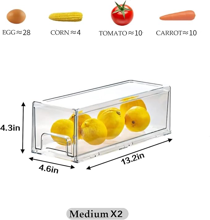 MANO 2Pack Clear Fridge Drawers Pull Out Stackable Refrigerator Drawer Organizer Bins Pantry Storage Box Plastic Food Containers for Kitchen Bathroom Office Closet(X-Small)