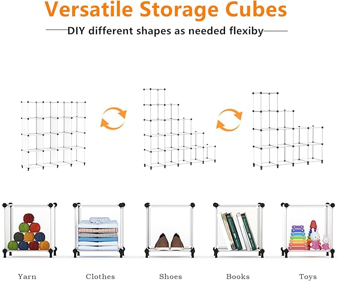 AWTATOS Cube Storage Organizer, 16 Cube Closet Organizer, Stackable Storage Cube Shelves, DIY Portable Closet Clothes Organizer Shelving for Bedroom, Closet, Wardrobe, Bathroom, Translucent