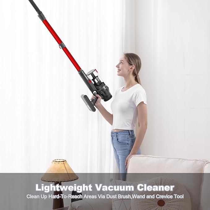 Cordless Vacuum Cleaner - Vacuum Cleaners for Home, Stick Handheld Pet Hair Hardwood Floor Vac, High Power Hand Held Rechargeable Battery Portable Household Lightweight Vac, Red