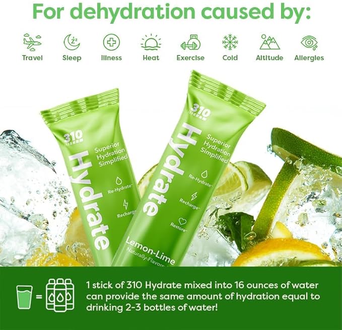 310 Nutrition Sugar Free Electrolytes Powder - Instant Hydration Packets for Daily Fluid Balance - Caffeine-Free Rehydration Drink Mix w/Vitamins, Low Calorie & Keto Friendly - Lemon Lime 30 Singles