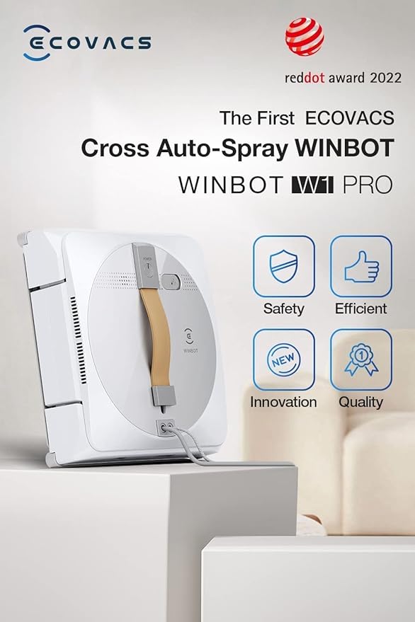ECOVACS Winbot W1 Pro Window Cleaning Robot, Intelligent Cleaning with Dual Cross Water Spray Technology, Win SLAM 3.0 Path Planning, 2800Pa Suction Power, Edge Detection Technology, App Control,Grey