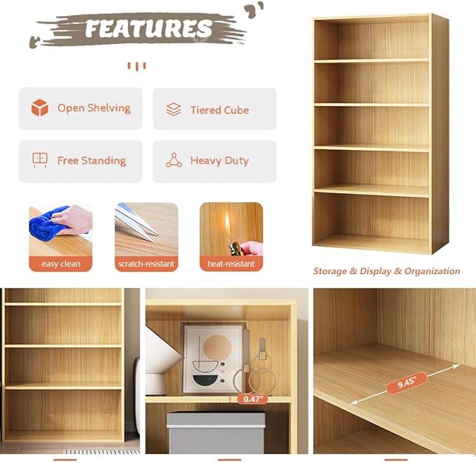 Basic Open Shelf Bookcase - 5-Tier Wooden Cube Storage Shelves Split Bookshelf, Oak