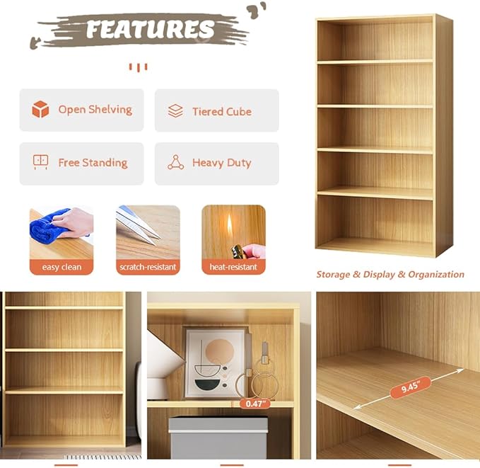 Basic Open Shelf Bookcase - 4-Tier Wooden Cube Storage Shelves Split Bookshelf, Oak