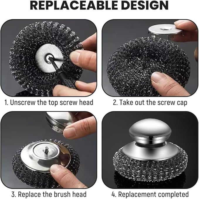 Steel Wool Scrubber with Handle, Upgrade Heavy Duty Stainless Steel Dish Scrubber for Cleaning Dishes, Iron Pots, Stoves, Kitchen Sink (3 pcs)