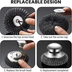 Steel Wool Scrubber with Handle, Upgrade Heavy Duty Stainless Steel Dish Scrubber for Cleaning Dishes, Iron Pots, Stoves, Kitchen Sink (2 pcs)