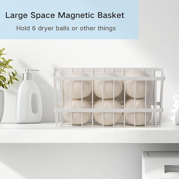 Magnetic Dryer Ball Holder Organizer Laundry Room Organization and Storage Large Magnetic Basket Storage Bin Steel Dryer Ball Container for Laundry Room Organizer No Balls (White, L)