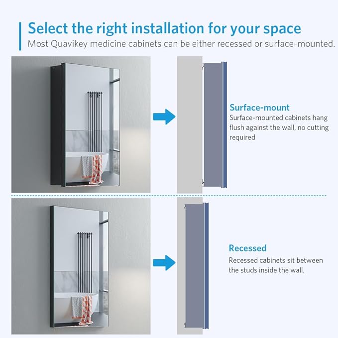 Quavikey Bathroom Medicine Cabinet with Mirror, Aluminum Surface Mount or Recessed Medicine Cabinet Mirror 16x26 Inch, Black