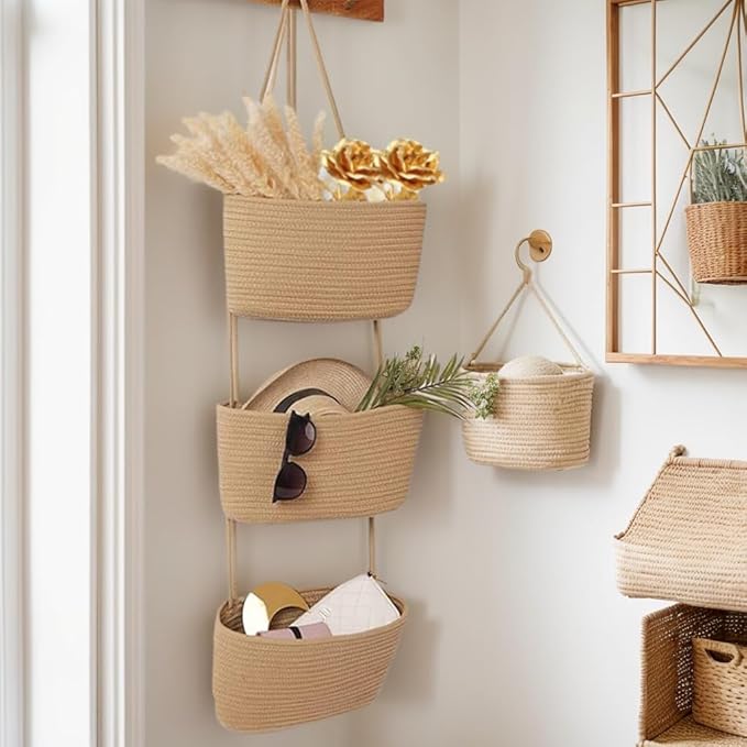 Over the Door Organizer, 3 Tier Hanging Storage Basket for a Stylish and Clutter-free Space, Ideal for Boho Room Decor and Nursery Decor