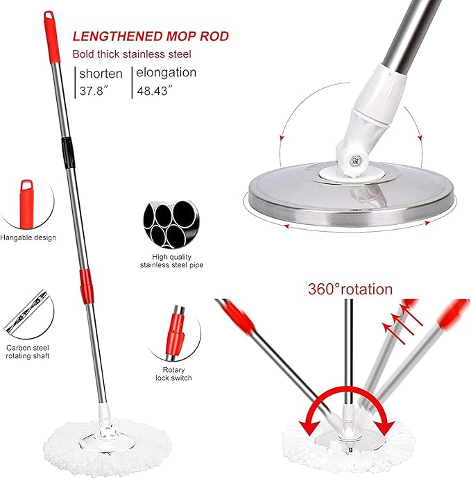 Mop and Bucket Set, 360° Spin Mop and Bucket with Wringer Set and 6 Microfiber Mop Refills, Stainless Steel 61" Extended Handle Spinning Mop Bucket System for Floor Cleaning (2 Sets)