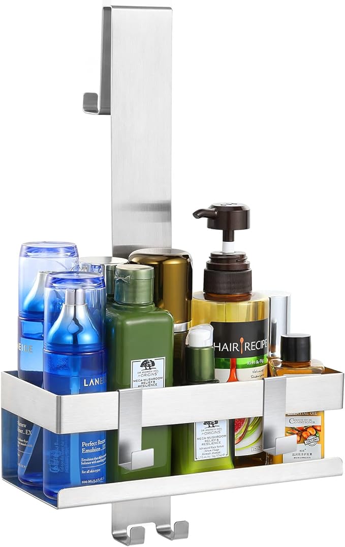 Over The Door Shower Caddy, 304 Stainless Steel Hanging Shower Caddy Rustproof Shower Shelves,No Drilling Hanging Shower Organizer for Bathroom Glass Door Up to 1.5cm,Basket: 23×10×10cm,Silver