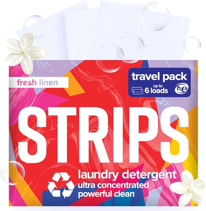STRIPS Laundry Detergent Sheets Fresh Linen Travel Pack (3ct, 6 loads) Eco Liquidless Soap, Travel-Friendly, Dissolves in Hot & Cold, Hypoallergenic, Tackles Tough Stains & Odors