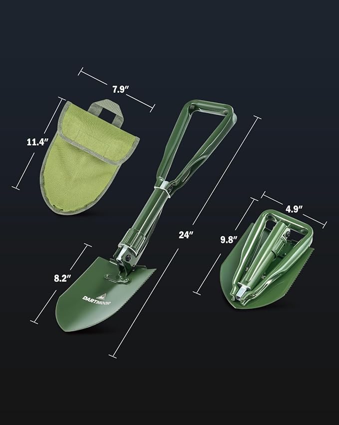 DARTMOOR Camping Shovel, 24" Larger Folding Shovel with Saw Edge, Portable Outdoor Survival Snow Shovel for Off Road Camping Hiking Digging Backpacking, Car Emergency, Entrenching Tool, Green