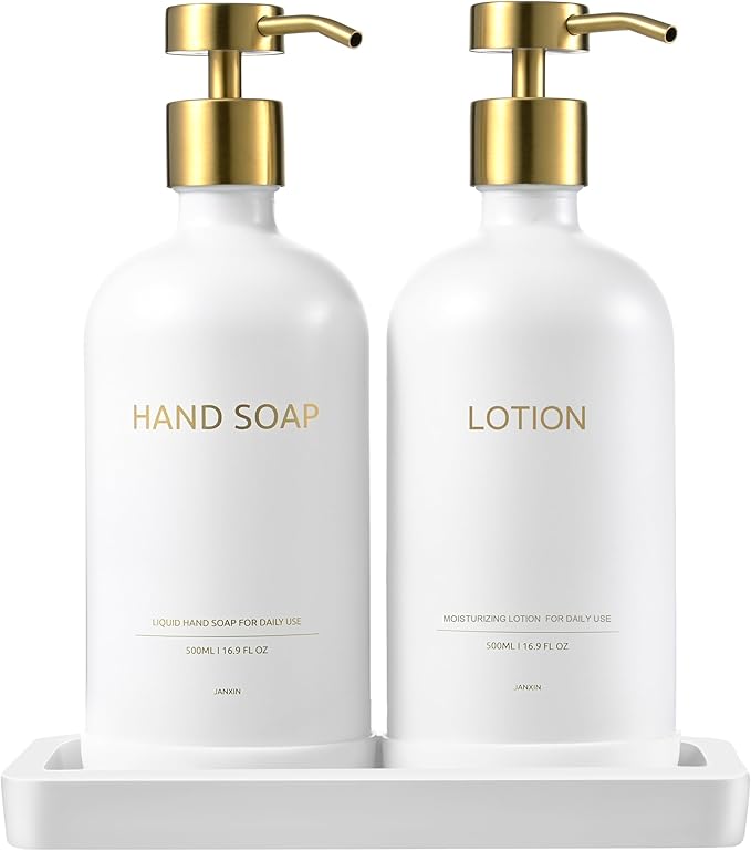 Glass Kitchen Soap Dispenser Set with Ceramic Tray,16.9 floz Hand and Dish Soap Dispenser for Kitchen and Bathroom Decor (White + Gold(Lotion))