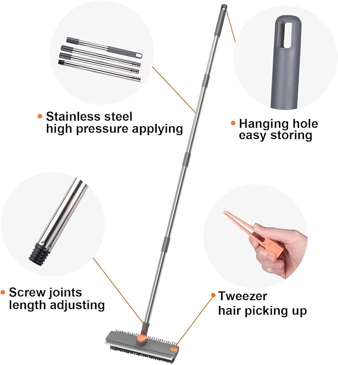 Floor Scrub Brush with Long Handle, BITOPE 3 in 1 Stiff Bristles Deck Brush 360° Rotating Floor Scrubber with Squeegee, Tweezer for Clean Patio, Deck, Tile, Concrete, Balcony Outdoor