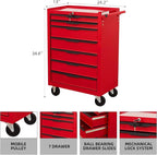 Tool Chest Cabinet, Large Capacity Metal Tool Box with Wheels and Cylinder Locking, Roll Around Storage Organizer Tool Cart for Garage, Redtool cabinets on Wheels (Red, 7-Drawer-Wheels)