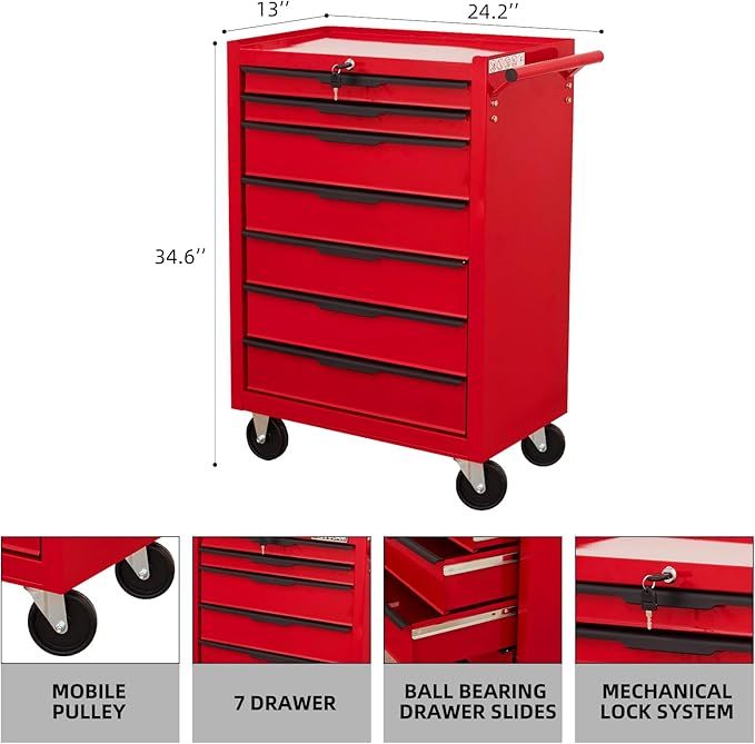 Tool Chest Cabinet, Large Capacity Metal Tool Box with Wheels and Cylinder Locking, Roll Around Storage Organizer Tool Cart for Garage, Redtool cabinets on Wheels (Red, 7-Drawer-Wheels)