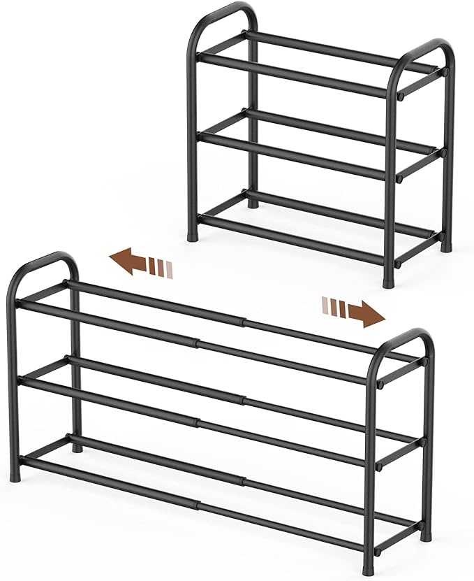 Gonfoam 3-Tier Expandable Shoe Rack,Adjustable Shoe Shelf Storage Organizer Heavy Duty Metal Free Standing Shoe Rack for Entryway Closet Doorway (Black)