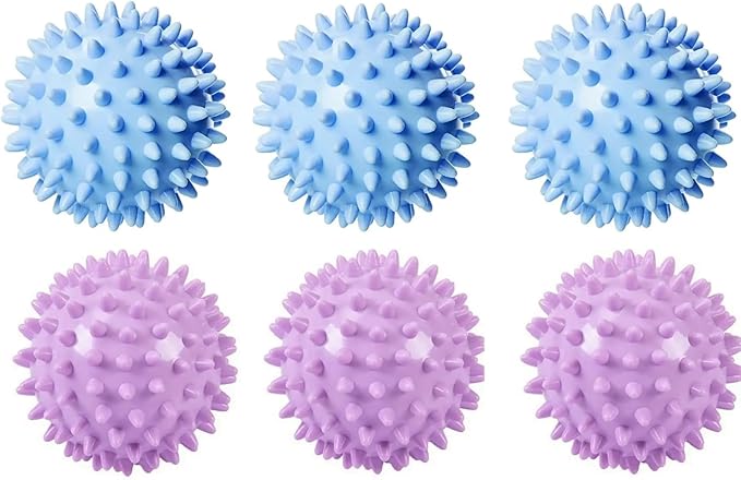 Reusable Laundry Dryer Balls, Plastic Anti-Static Fabric Softener, Reduces Wrinkles, Sustainable Cleaning Supplies, Essential Washing & Drying Aid for Soft, 6 Pack, 2.36 in (Sky Blue/Purple)