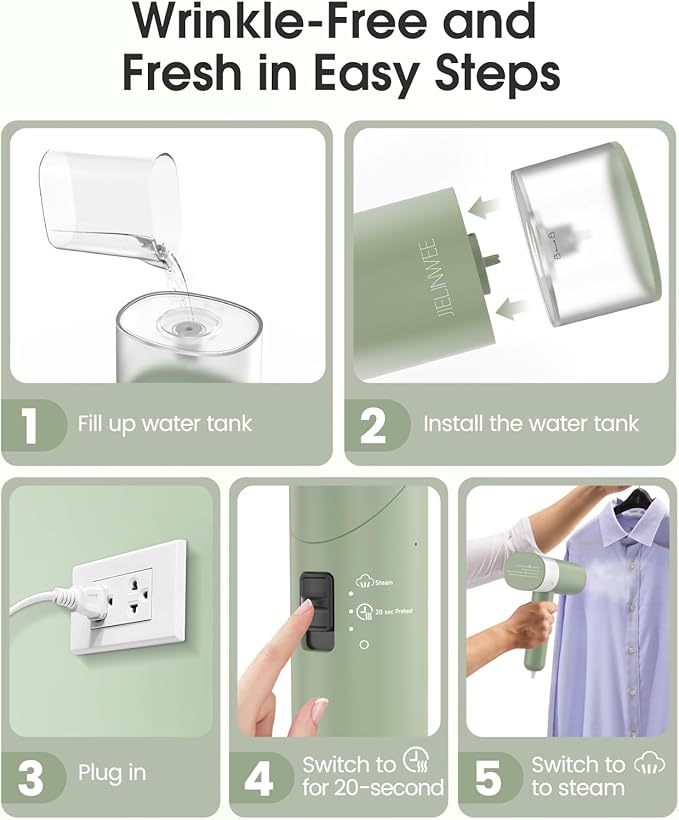 Handheld Steamer for Clothes, 1200W Foldable Travel Steamer, 20 Sec Preheat Garments Wrinkle Remover, 120V Portable Hand Iron with 150ml Water Tank, Clothes Steamer for Home Travel-Green