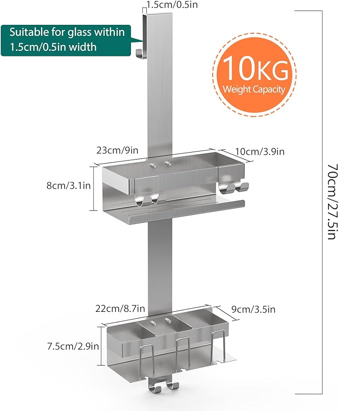 Over The Door Shower Caddy 2 Tier, 304 Stainless Steel Hanging Shower Caddy Rustproof Shower Shelves, No Drilling Hanging Shower Organizer for Bathroom Glass Door, Silver