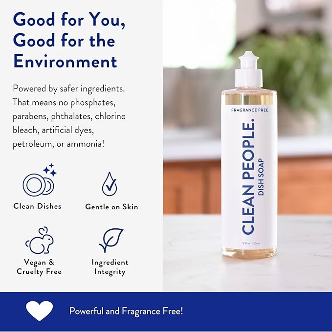 THE CLEAN PEOPLE Liquid Dish Soap - Clean, Simple Ingredients - Extra Scrubbing Power (Fragrance Free) 12 fl. oz (6 Pack)
