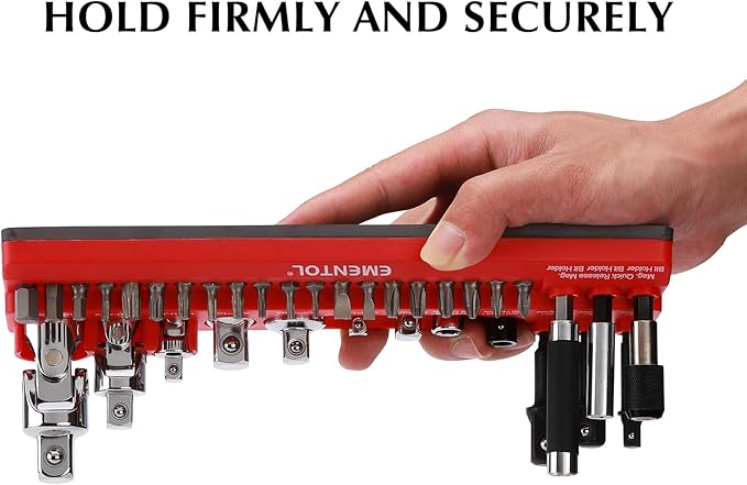 EMENTOL Magnetic Socket Accessory Holder, Red, 35 Pieces Holes, Organize Adapters, Universal Joints and Bits