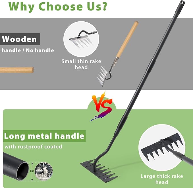 Manual Weeder Tool,8 Tines Garden Weeding Rake with Sharp Blade,55 Inch Long Handle,Heavy Duty Stand Weeding Tool for Weeding Loosening Soil Gathering Leaf Leveling Thatch Rake