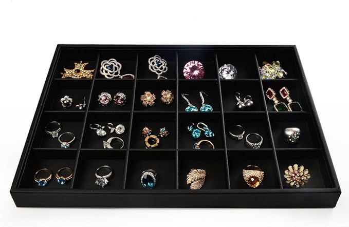 Oirlv Stackable Jewelry Organizer Tray Premium Leather 24 Grid Jewelry Drawer Organizer Dresser Tabletop Trinket Earring Ring Storage