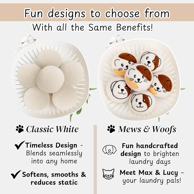 WoollyPals Wool Dryer Balls (6-Pack, XL Size)- 100% New Zealand Organic Wool - Sustainable & Eco-Friendly - Dry 1,000 Loads, Replaces Dryer Sheets, Reduces Static Cling, Reusable (Multi Colour)