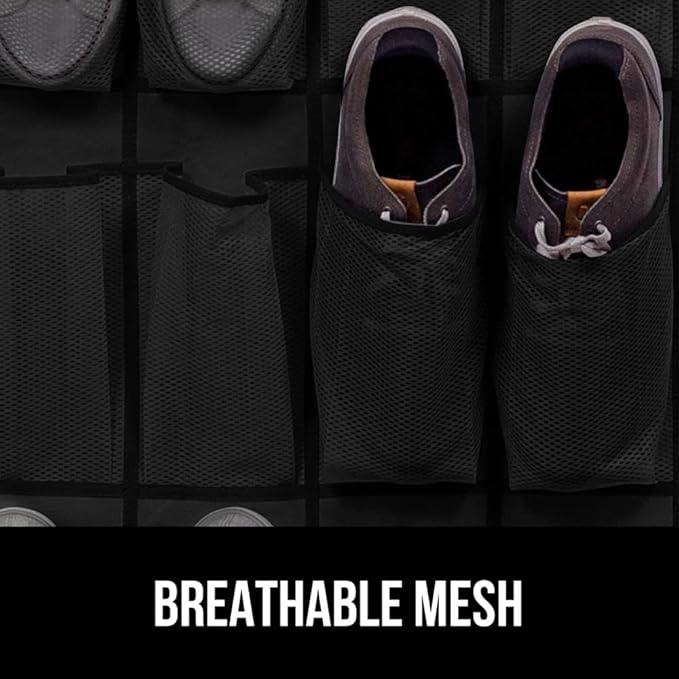 GORILLA GRIP Over the Door Shoe Organizer, 2 Pack, 24 Breathable Mesh Pockets, Space Saving Hanging Storage Holder, Closet Rack Hanger Holds Up to 40 lbs, Hangs on Closets, Shoes, Accessories, Black