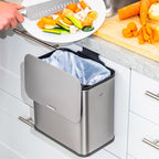 RED FACTOR Stainless Steel Hanging Trash Can with Lid and Inner Bucket – Slim 1.3 Gallon Odor-Free Compost Bin for Kitchen Cabinet, Countertop, Under Sink, or Bathroom (Metallic Gray)