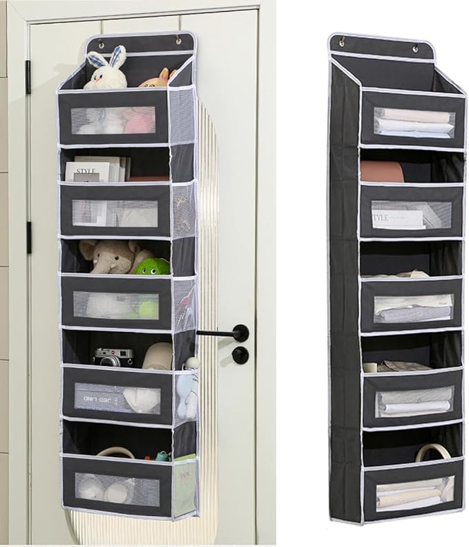 Over The Door Organizer Storage, 5 Shelf Hanging Door Organizer with 5 Large Capacity Pockets, Anti Tilt 44 lb Load Hanging Organizer for Bedroom, Bathroom, Pantry, Nursery (Grey, 1 Pack)