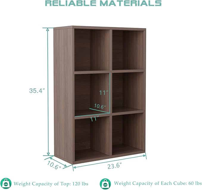 6-Cube Storage Shelf Bookcase - Wooden 3-Tier Floor Standing Open Bookshelf for Home and Office, Cuby Orgainzer, Walnut